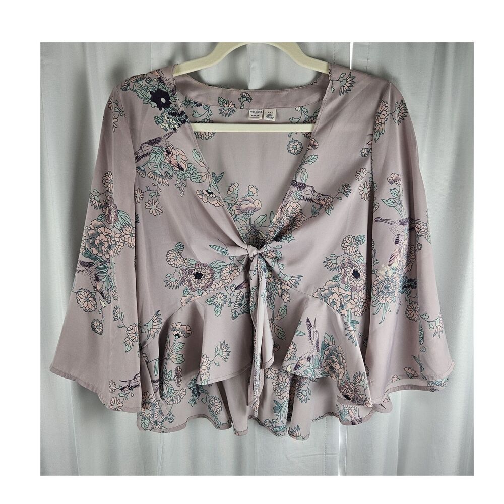 Melrose & Market Bell Sleeve Floral Chiffon Tie-Front Peplum Crop Blouse XXS